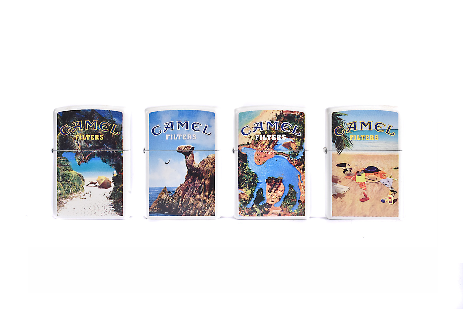 Camel Summer Beach Zippo Lighter Series, all dated 2004 - Cliff Diver, Pond, Beach Cove and Camel on