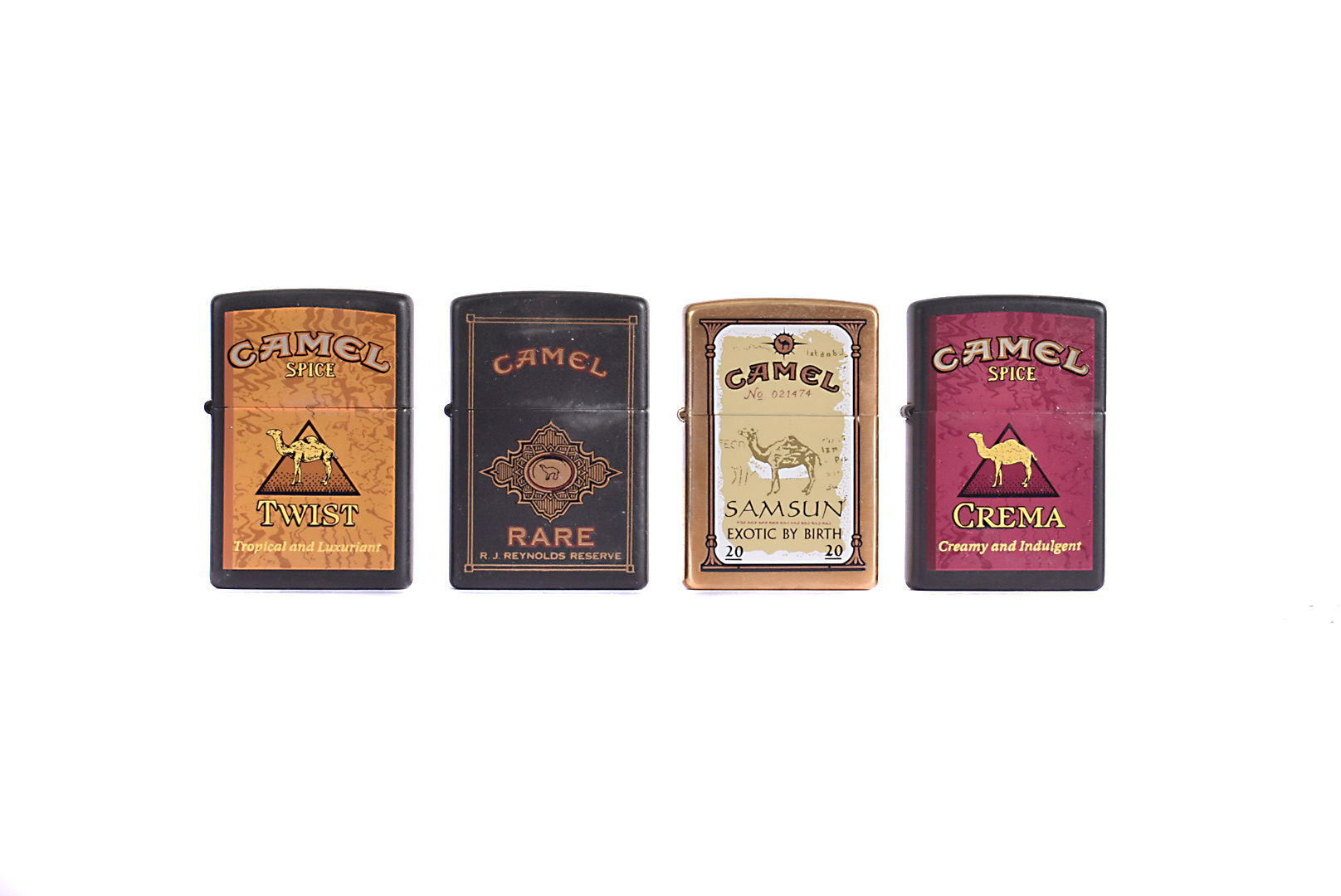 Set of Four Camel Zippo Lighters from the Exotic Blend Collection, dated 2000, comprising Crema,