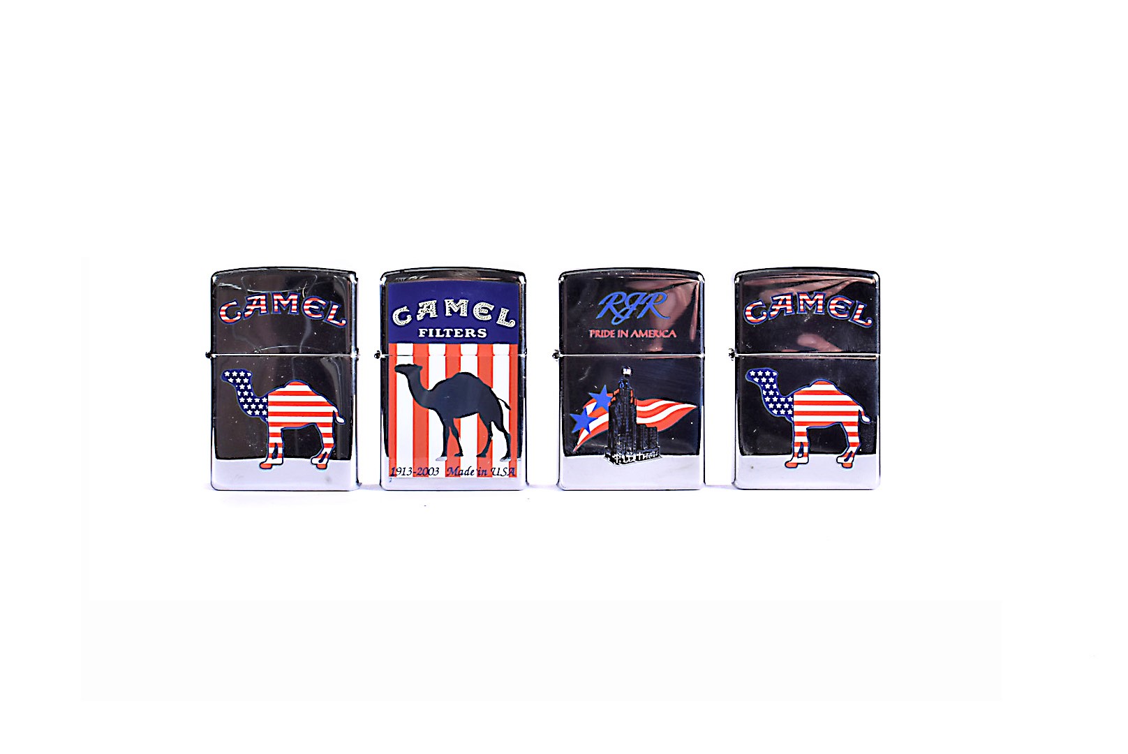 Four USA-related Camel Zippo Lighters, including Camel Filters with flag, 1913-2003, RJR Pride in