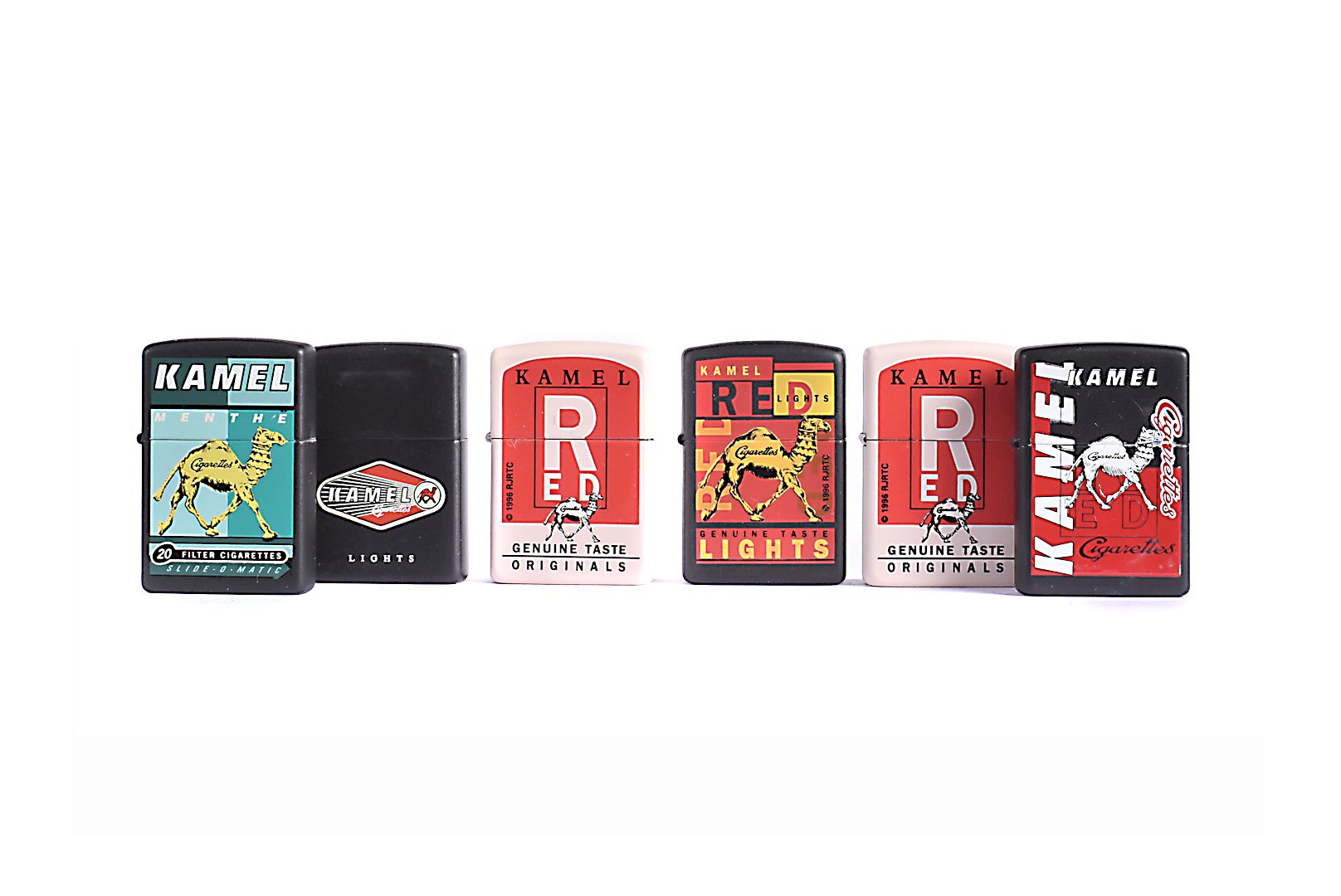 Six Kamel Cigarette Zippo Lighters, including Red Kamel - Black, Kamel Lights, Kamel Menthol, Red