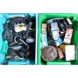 Two Boxes of Camera Accessories, including flash units, lens hoods, tubes, winders and other items