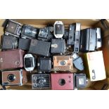 A Tray of Box and Reflex Cameras, including Kodak six 20 Brownie, Dualflex II, Hawkeye 127,