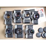 A Tray of SLR Cameras, a Pentax MX, Asahi, Asahi Spotmatic, Asahi KM, Fujica Fujicarex, ST605n and a