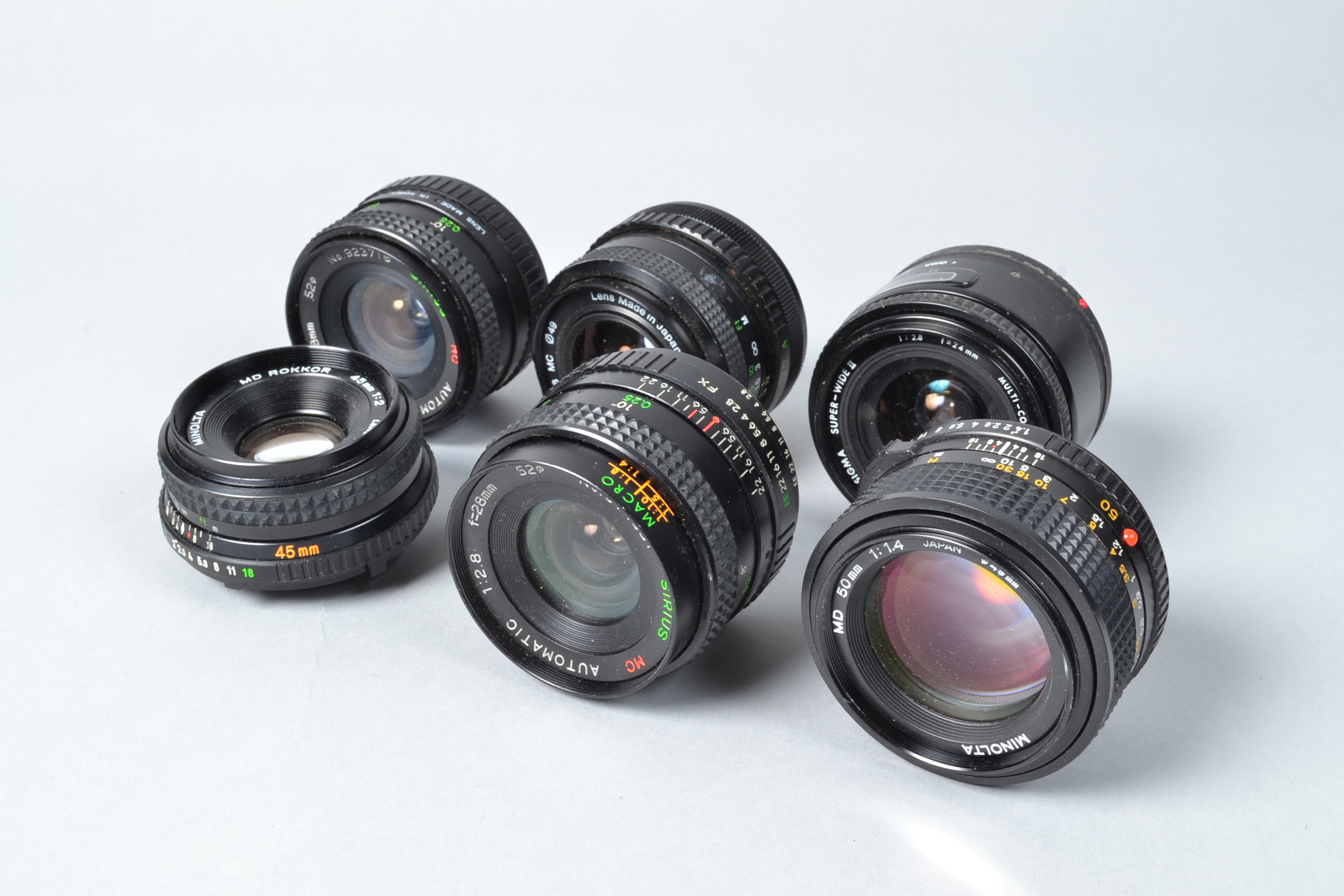 A Selection of Wide Angle Lenses, various mounts, incuding a Sigma 24mm f2.8, Sirius 28mm f/2.8 (2),