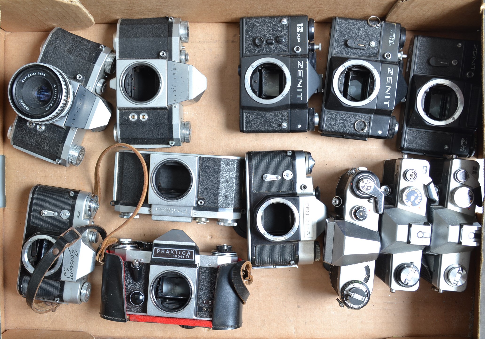 A Tray of Eastern Bloc SLR Camera bodies, including Praktica MTL 3, PLC 2, Nova B, Super TL, IV, FX,