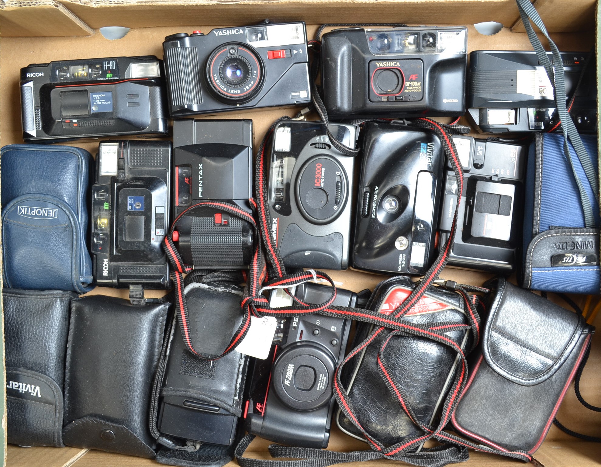 A Tray of Compact Cameras, manufacturers including Ricoh, Pentax, Yashica, Vivitar and other