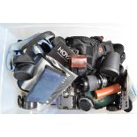 A Box of Camera Related Accessories, including filters, straps, lens hoods, flash meters, lenses and