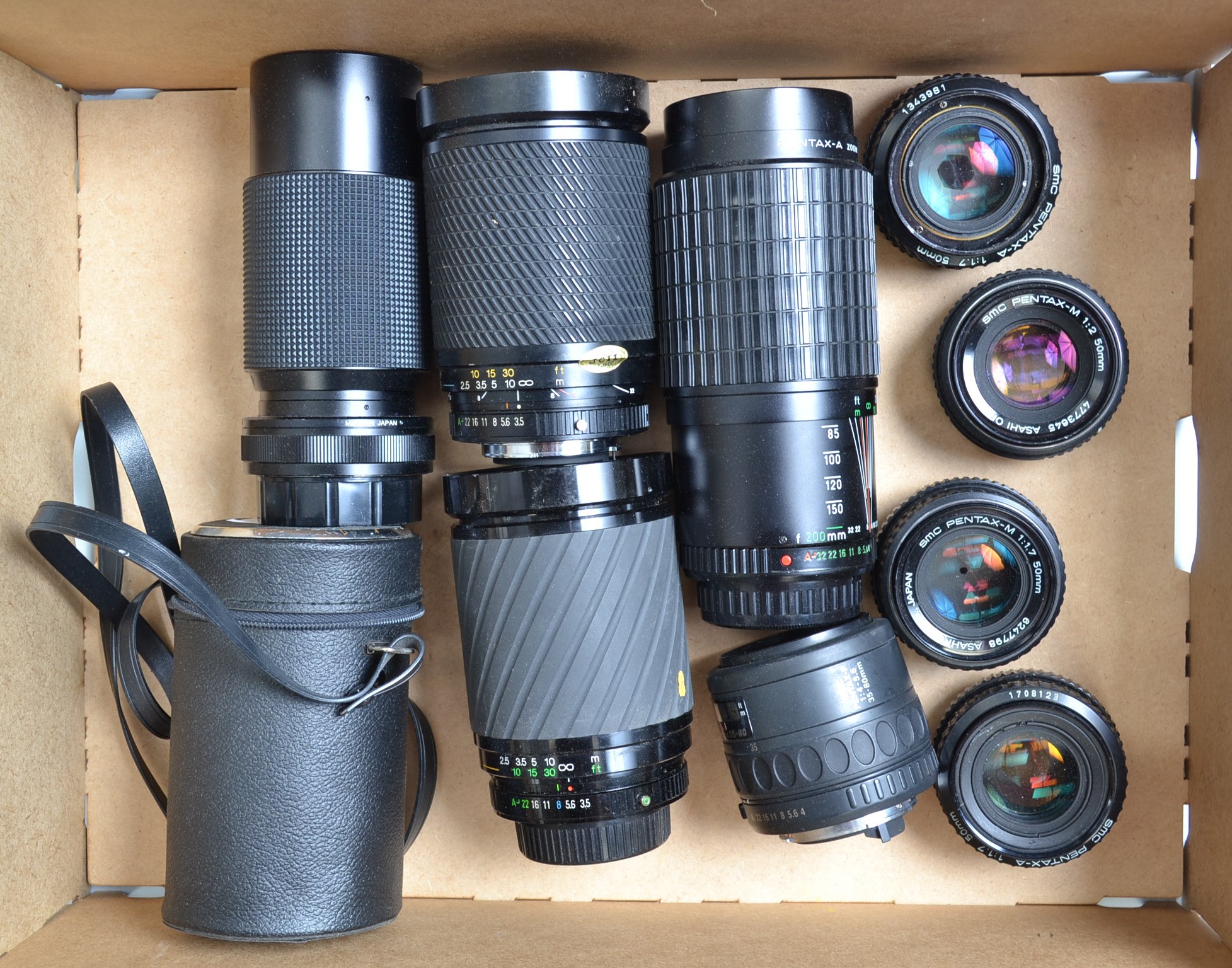 A Tray of Pentax Lenses, including SMC 50mm f/1.7 (3), 50mm f/2, A zoom 70-200mm f/4, Takumar-A 28-
