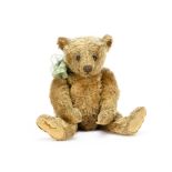 An early Steiff centre-seam teddy bear circa 1909, with cinnamon mohair, black boot button eyes,