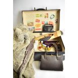 A vintage travel trunk, containing various vintage perfumes, toiletries, and human hair (10+)