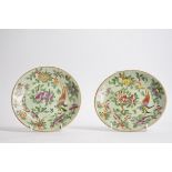 A pair of late 19th or early 20th Century Chinese Canton enamel plates, on a celadon ground, with