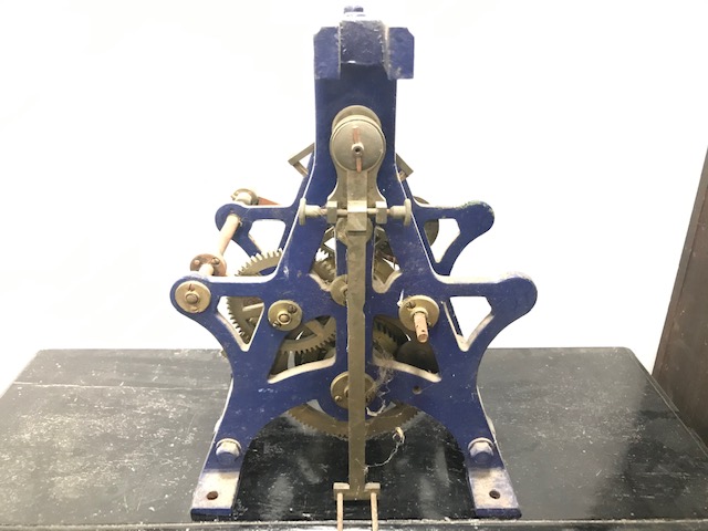 A late Victorian or Edwardian tower clock movement, in blue painted cast iron A frame, lacks most - Image 3 of 4