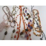 Several hardstone and seed pearl necklaces, to include tigers eye and mixed pebble stone