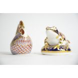 Two Royal Crown Derby paperweights, a frog and a cockerel, the frog without a stopper and the