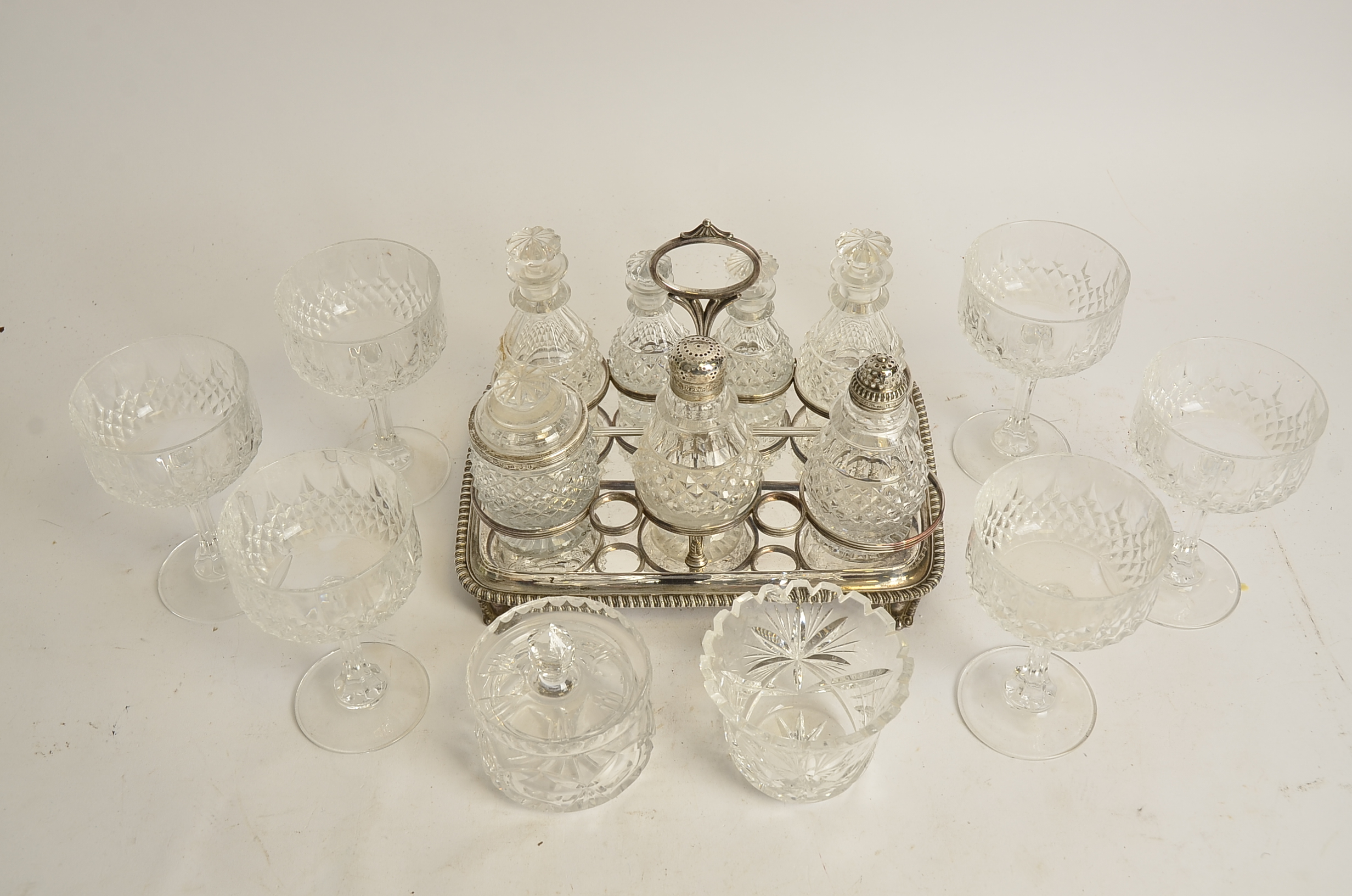 A seven part cruet set on plated stand, with a Georgian pierced silver lid, hallmarked for Sheffield - Image 3 of 5