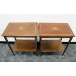A pair of Edwardian inlay two tier occasional tables, rectangular tops having boxwood stringing with