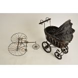 A wicker and metal mounted babies toy pram, height 38cm, together with a metalwork double seated