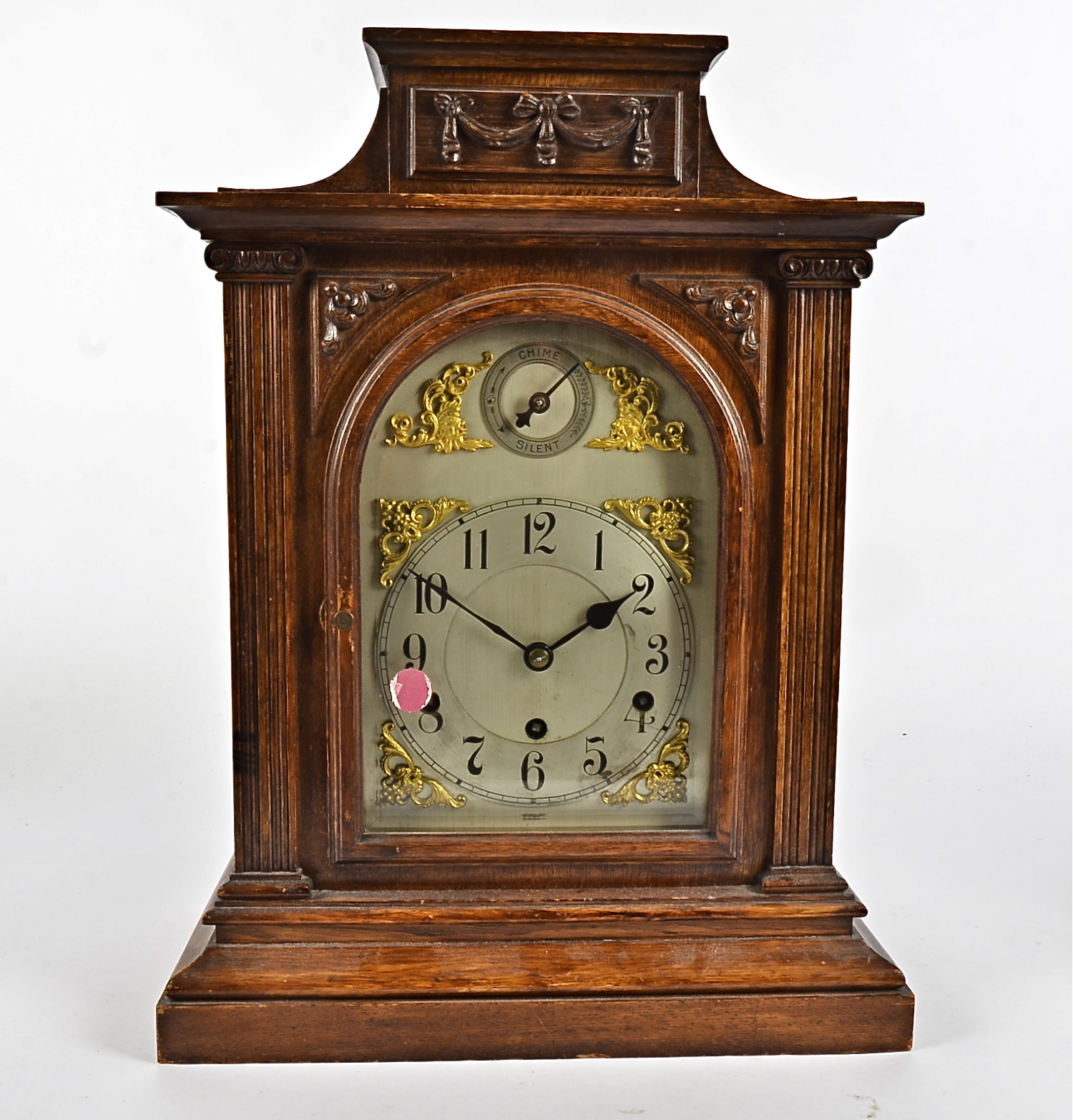 A 19th Century oak cased mantel clock, eight day movement, stamped 3303, silvered dial with Arabic