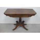 A William IV rosewood card table, swivel crossbanded top, front canted corners, green fitted baize