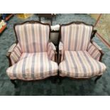 A pair of Louis 16th style armchairs, stained beech frames with pink striped upholstery (2)