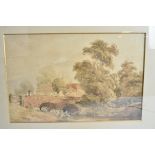 A watercolour of a mill scene, indistinct signature to lower right, framed and glazed, internal