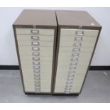 Pair of Bisley metal office filing cabinets, both with fifteen drawers, 35cm x 46cm x 94cm (2)