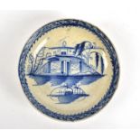 An 18th Century Leeds pearlware dish, with typical Chinoiserie pagoda pattern, diameter 13cm, a/f