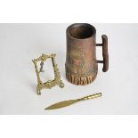 A WW1 trench art brass letter opener, together with a frame and native Indian tankard, height