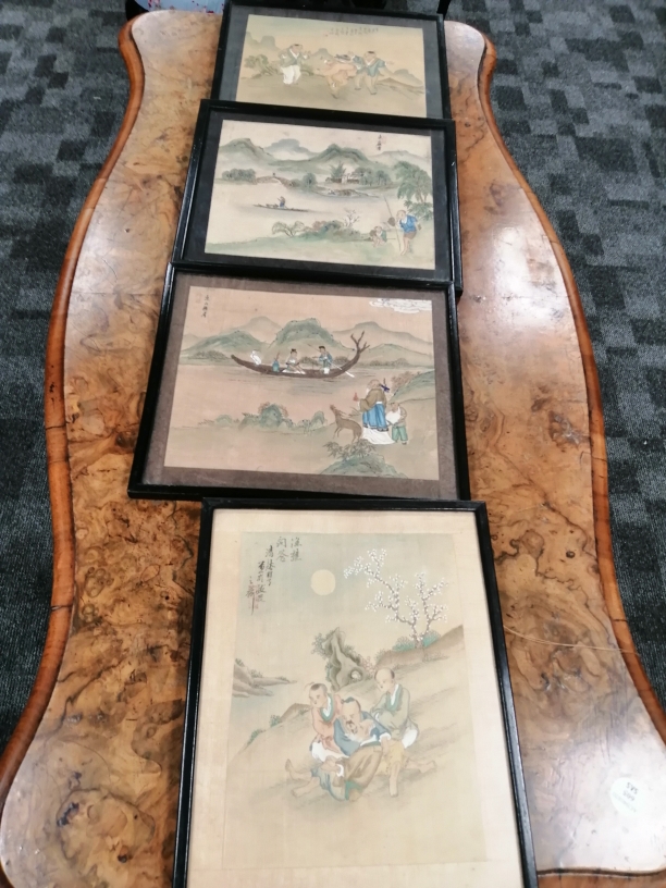 Ten Chinese silk prints, depicting elders, dignitaries, children, horse riders, immortals, games - Image 2 of 7