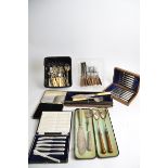 An oak canteen of silver collared and plated mother of pearl fruit knives and forks, for six