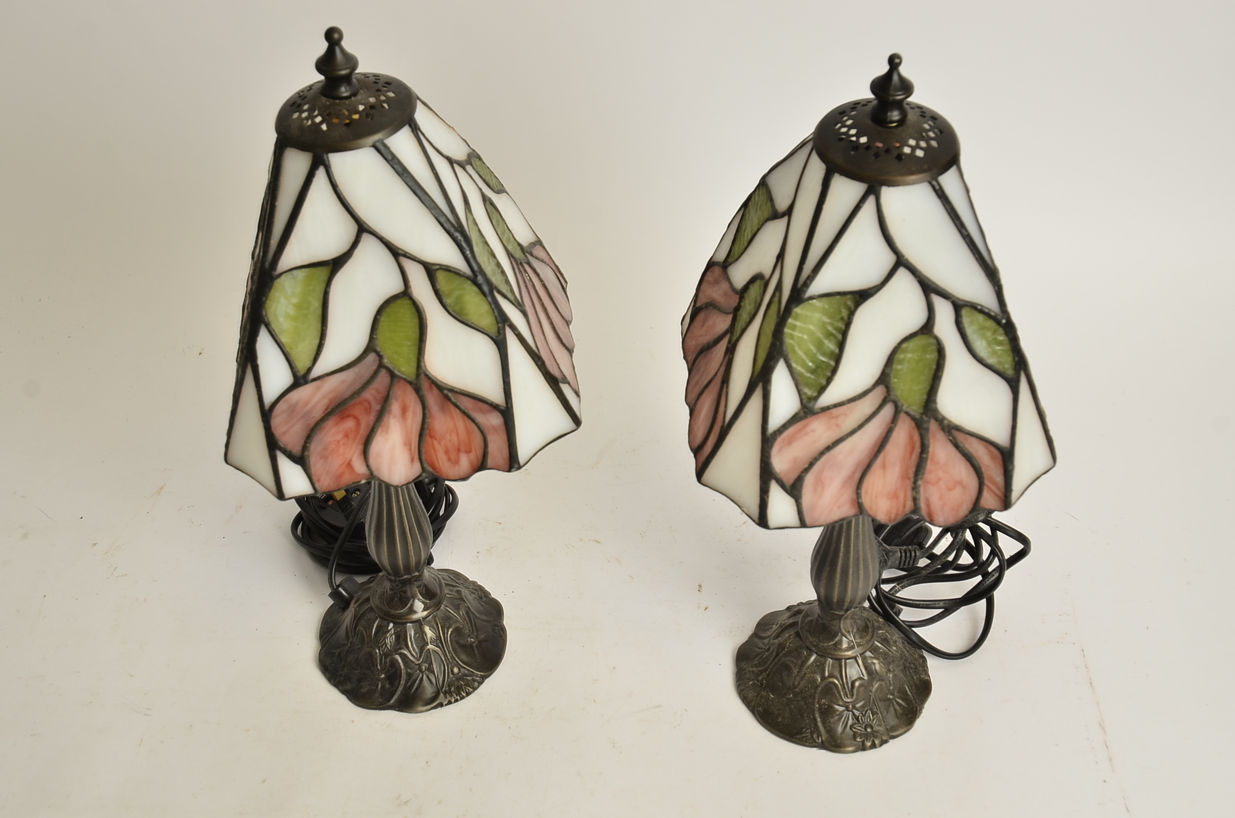 A pair of contemporary Tiffany style stained glass topped table light bases, rising from organic - Image 2 of 2