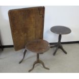 A antique oak rectangular tilt top table, three plank top with a moulded edge, turned column and