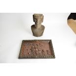 An Easter Island figure, height 38cm, along with various other African tribal carved figures and