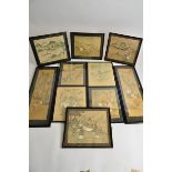 Ten Chinese silk prints, depicting elders, dignitaries, children, horse riders, immortals, games