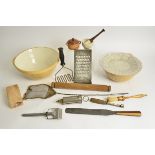 A quantity of kitchenalia, to include a moulded glass bowl 'give us our daily bread', 25.5cm, 'The