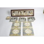 A framed group of John Moyr Smith tiles from Scott James Thomson's Seasons c1880, 20cm x 65cm,