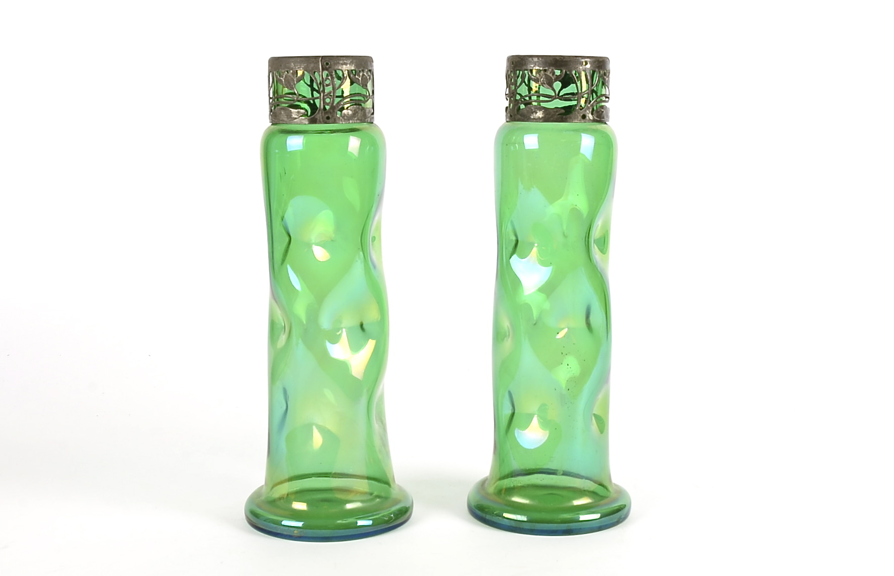 A pair of Art Nouveau green glass metal mounted glug vases, with organic motifs, height 30cm