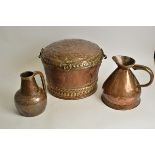 An early 20th Century copper domed coal scuttle with Tudor rose, height 28cm, together with two