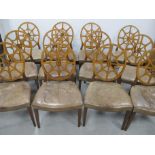 Set of Regency style mahogany and satinwood dining side chairs, mahogany frames with openwork spider