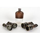 Two pairs of Victorian field glasses, together with a hip flask with a twist top lid and partially