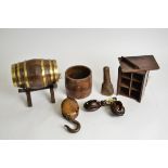 A collection of antique and later treen, , a pestle and mortar and maritime blocks from ships' block