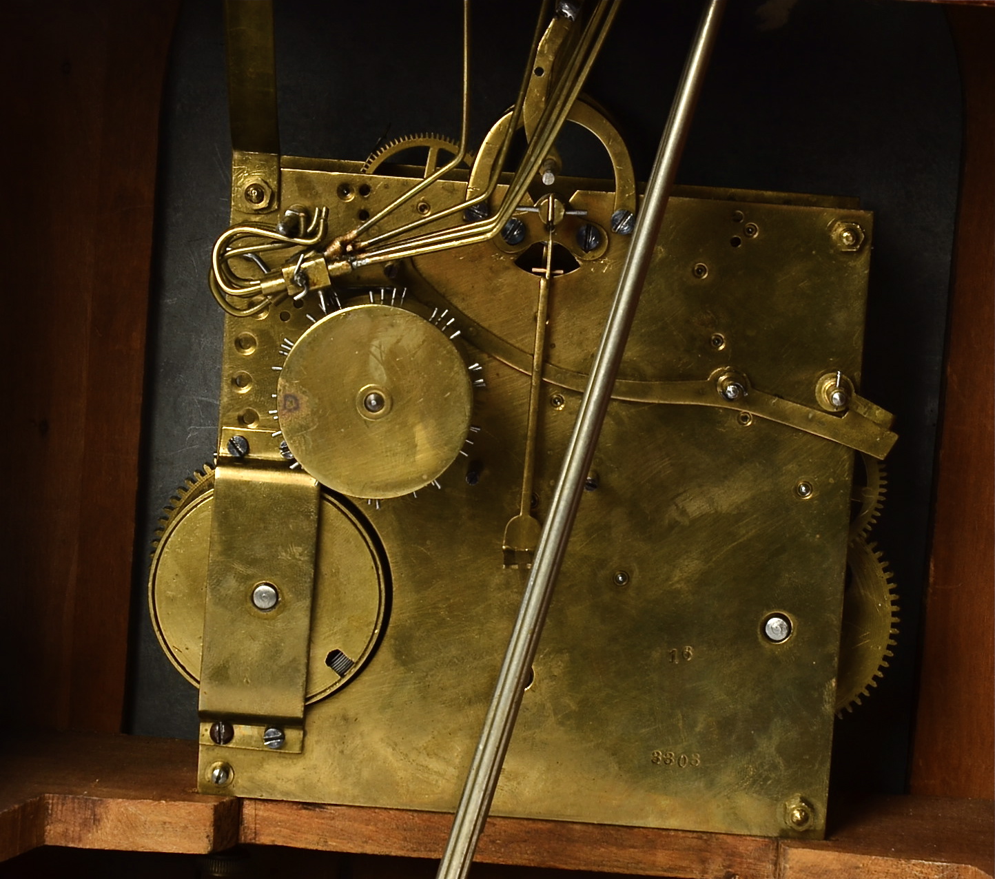 A 19th Century oak cased mantel clock, eight day movement, stamped 3303, silvered dial with Arabic - Image 2 of 2