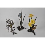 Three 20th Century metal and porcelain bird groups, naturalistic in style, one with a Kingfisher,