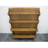 20th century oak hanging wall shelfs, closed back with shaped sides and four fixed shelfs, 82cm x