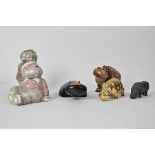 A small group of novelty hippopotamus collectables, to include a brass example, length 14cm, two