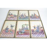 A set of six Chinese rice paper studies of interior scenes, each with a dignitary and young