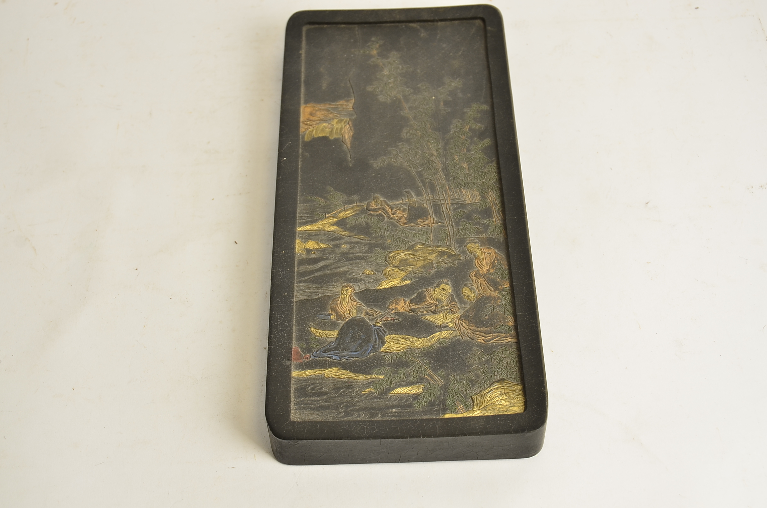 A large Chinese ink block, with raised depiction of elders engaged in gaming in a rocky riverside - Image 2 of 3