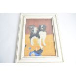 A oil painting of a dog, with self satisfied expression, after tearing apart a doll, signed R.F