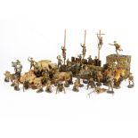 Hausser Elastolin wooden trench piece with British WW2 troops (35), figures up telegraph pole (3 inc