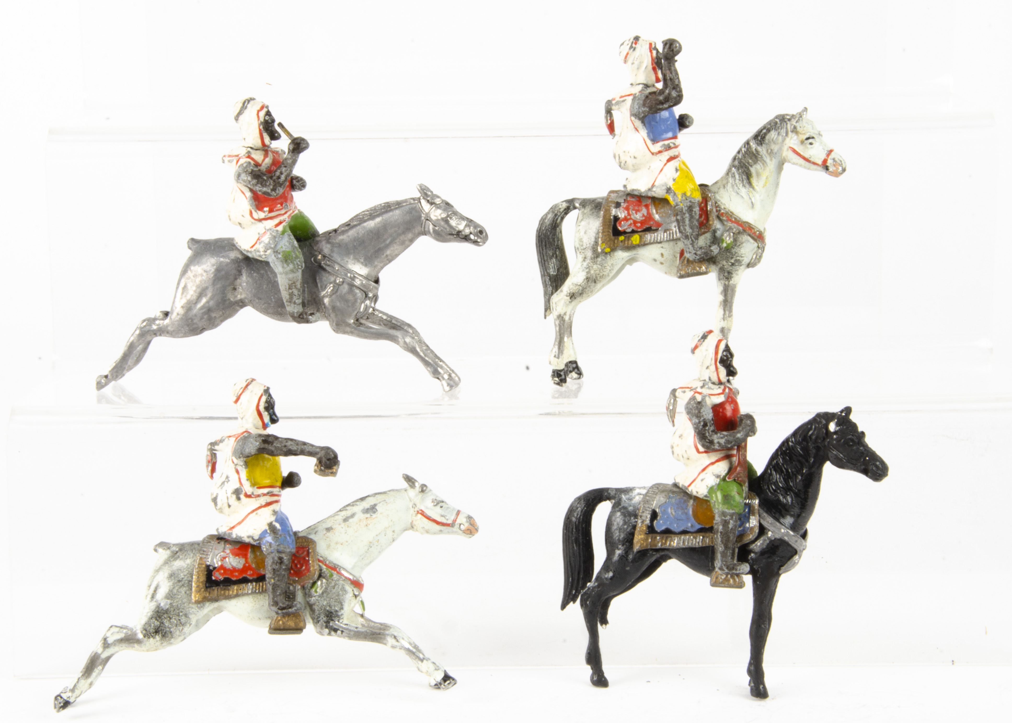 Noris 70mm scale mounted Arab warriors on horses, black horse with one lower leg detached, though